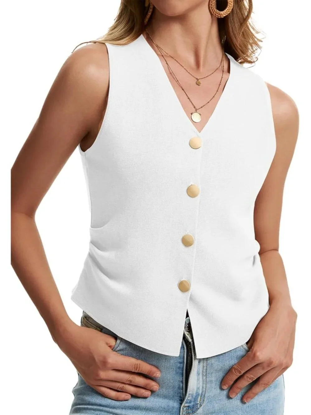 Women's White Sleeveless Button Up Knit Imported Casual Sweater Vest Tank Tops